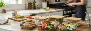 Femme préparant des légumes pour le batch cooking dans une cuisine lumineuse