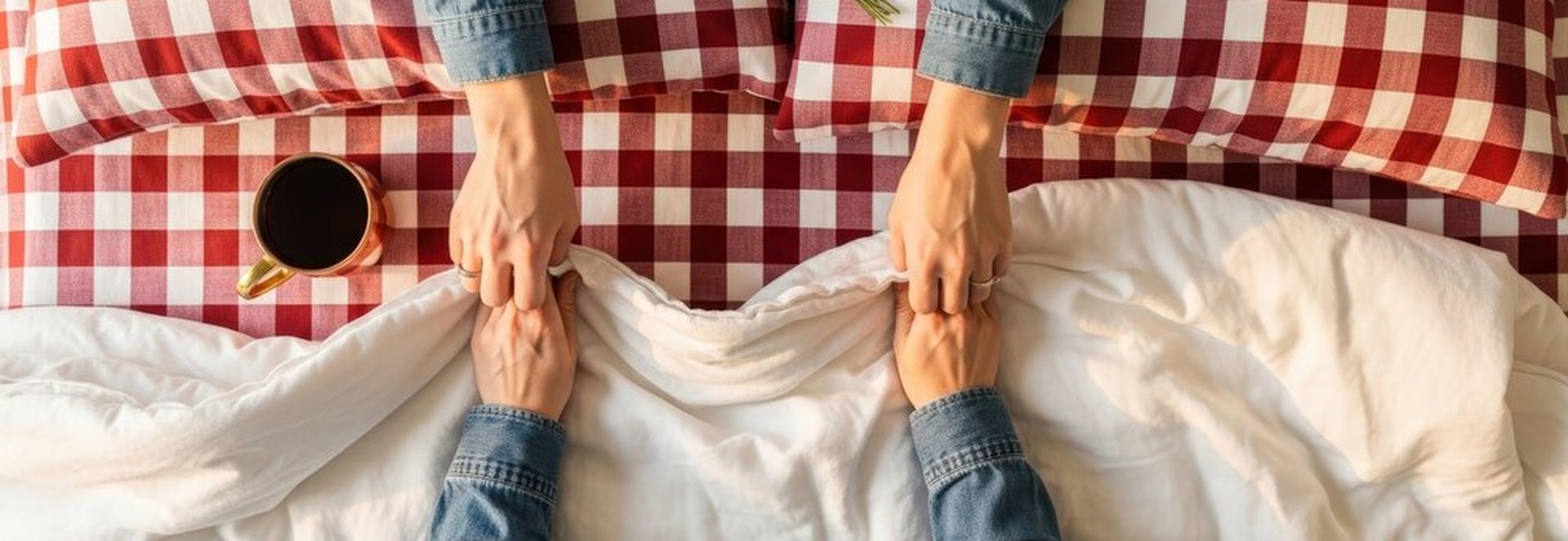 Mains entrelacées sur des draps froissés symbolisant l'intimité et la réflexion