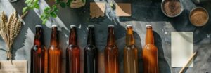 Ingrédients naturels et bocaux en verre ambré sur un plan de travail