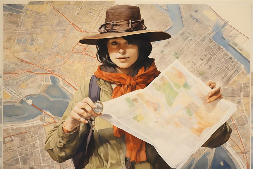 Portrait vintage d'une voyageuse avec un carnet de notes