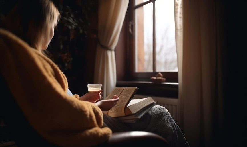 Mains tenant une tasse de thé près d'une fenêtre