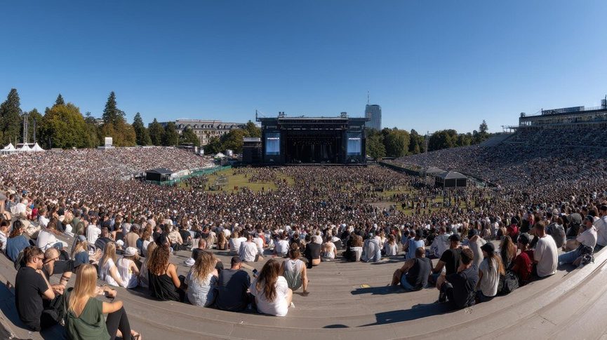 Foule de concert au Red Rocks Amphitheatre dans le Colorado sous les projecteurs