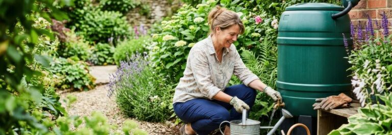 Femme arrosant son jardin avec un arrosoir rempli depuis un récupérateur d'eau de pluie design