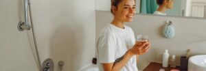 Femme réalisant sa routine matinale écologique dans une salle de bain lumineuse