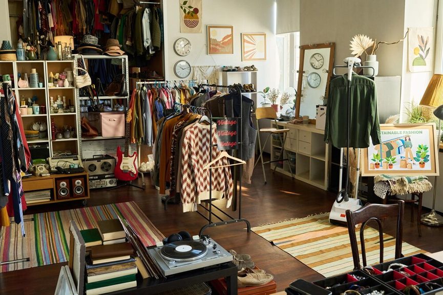 Vaisselle vintage colorée empilée dans un restaurant écologique