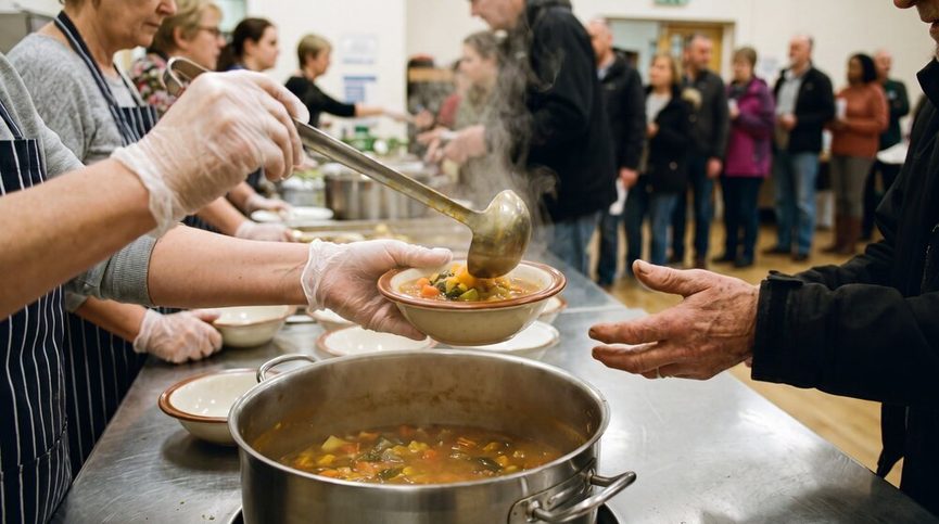 Gros plan sur une louche versant de la soupe de légumes colorée dans un bol