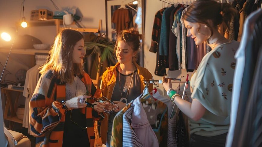 Détail de mains tenant des cintres avec des vêtements colorés lors d'un échange