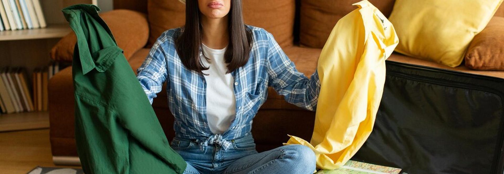 Femme triant le contenu d'une valise avec des objets en plastique
